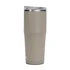 A drink bottle in a matte beige colour with a metal lid and a clear plastic top. It features a logo.