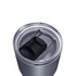A drink bottle with a clear lid and a black sliding mechanism, featuring a stainless steel body in grey.