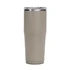 A drink bottle in a muted beige colour with a silver lid, featuring a logo on the side.