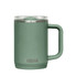 A drink bottle with a green finish, featuring a handle and a clear lid, along with a brand logo.