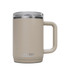 A drink bottle in a matte beige colour with a clear lid, featuring a sturdy handle and a logo.
