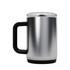 A drink bottle with a stainless steel exterior, black plastic handle, and a transparent lid. It features a logo.