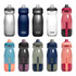 A drink bottle in various colours including grey, black, clear, red, blue, and green, featuring a brand logo.