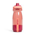 A drink bottle in shades of pink and red, featuring a secure lid and a logo.