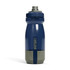 A drink bottle with a navy blue and grey design, featuring a wide mouth for easy filling and a logo on the side.