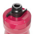 A drink bottle in bright pink with a black nozzle, featuring an integrated spout and a logo on the side.