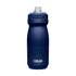 A drink bottle in navy blue with a textured grip and a spout lid, featuring a logo.