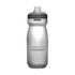 A drink bottle in clear and grey, featuring a wide mouth and a sports cap, with a logo on its side.