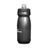 A drink bottle in matte black with a grey cap and dotted pattern, featuring a logo. Holds 0.6L of liquid.