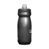 A drink bottle in matte black with a nozzle cap and a dotted pattern, featuring a branding logo.