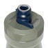 A drink bottle in olive green with a grey cap and a blue spout, featuring a brand logo on the side.