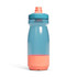 A drink bottle featuring a transparent blue body with a coral base and a screw-on lid. It has a logo on it.