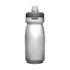 A drink bottle with a translucent silver body and a grey cap, featuring a logo.