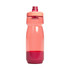A drink bottle in shades of red with a removable cap and a built-in spout. It features a logo on the side.