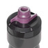 A drink bottle in black with a purple lid and valve, featuring a logo on the side.
