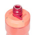 A drink bottle in shades of pink and orange with a spill-proof cap and a logo on the side.