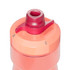 A drink bottle in shades of pink and coral, featuring a push-pull nozzle and a logo.