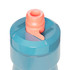 A drink bottle in shades of blue with an orange lid and a push-pull cap, featuring a logo on the side.