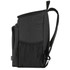A black cooler backpack with adjustable straps and a side mesh pocket, designed for carrying food and drink essentials.