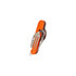 An orange multi-function camping utensil featuring a fork, knife, and various tools, with a silver stainless steel finish.