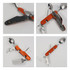 Multi-function camping flatware utensil in orange and silver, featuring a spoon, fork, knife, bottle opener, and corkscrew.