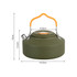 A green camping kettle with a lid and an orange handle, featuring a spout and measurement details.