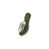 A compact camping cutlery tool featuring a stainless steel fork and an olive green handle. Includes a logo on the handle.