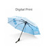 A blue folding umbrella with a black handle and a logo, featuring a digital print design.