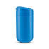 A blue coffee cup with a lid and a smooth surface, featuring a logo.