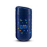A reusable coffee cup in navy blue featuring a playful design and a lid. It includes a logo on the front.