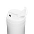 A white reusable coffee cup with a flip-top lid and a sleek design. It features a logo on one side.