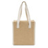 A beige cooler bag with white handles, featuring a simple, textured design and a logo.