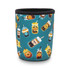 A drink bottle sleeve featuring a teal background with colourful illustrations of beverages and a logo.