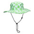 A green wide brim hat with a repeating pattern, featuring a chin strap and a logo.