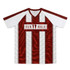 A red and white V-neck t-shirt featuring a striped design and a logo. It has short sleeves and a modern look.