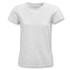 A light grey women's organic T-shirt with a round neckline and short sleeves, featuring a logo.