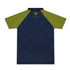 A polo shirt featuring a navy body with green patterned sleeves and a logo on the back.