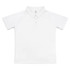 A white women's active polo shirt with a collar and button placket. It features a logo on the front.