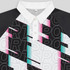 A custom women's active polo in black, white, and pink with a geometric design and a logo on the collar.