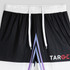 Custom women's active pants in black, featuring a white waistband and purple gradient design, with a logo.