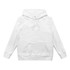 A white women's active hoodie featuring a front pocket and a hood, with a branding logo.