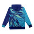 A custom womens active hoodie featuring a vibrant blue and teal geometric design with a hood. It has a logo on it.