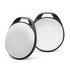 Two round Bluetooth trackers with a white circular surface and black edges, featuring a handle for easy attachment.