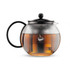 A tea press with a round glass body, black lid, and handle, featuring a built-in metal infuser for brewing tea.