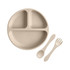 A beige silicone kids suction plate with three sections, accompanied by a spoon and fork, featuring a logo.