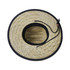 A straw hat with a wide brim, featuring a black trim and a string detail. It has a natural beige colour.