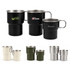 A collection of stainless steel camping mugs in black, green, white, and silver, featuring handles and various logos.