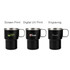 A stainless steel camping mug with a handle, available in black, featuring logos and different printing options.