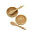 A bamboo facial mask bowl set featuring two small bowls and matching spoons, all in natural wood tones.