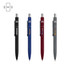 A collection of four metal ballpoint pens in black, blue, maroon, and grey, featuring a logo and NFC technology.